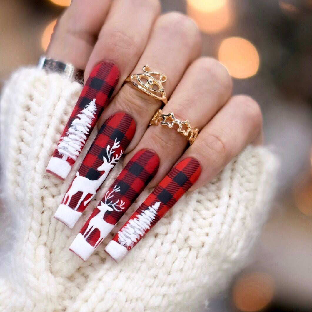 Winter Wonderland Extra Long Coffin Plaid Red and Black Press On Nail Set with Reindeer Accents