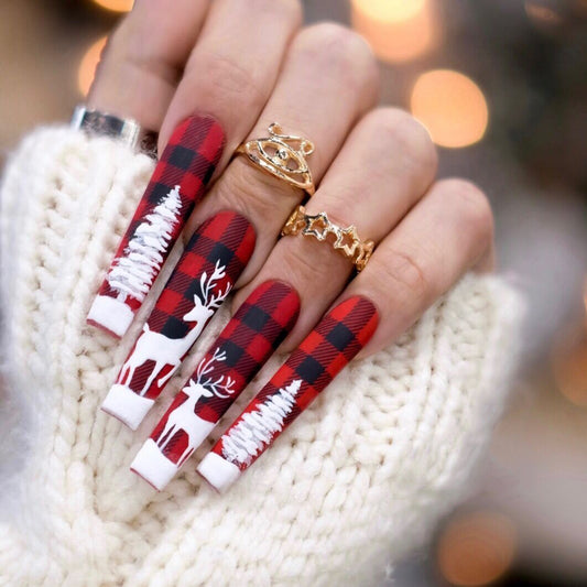 Winter Wonderland Extra Long Coffin Plaid Red and Black Press On Nail Set with Reindeer Accents