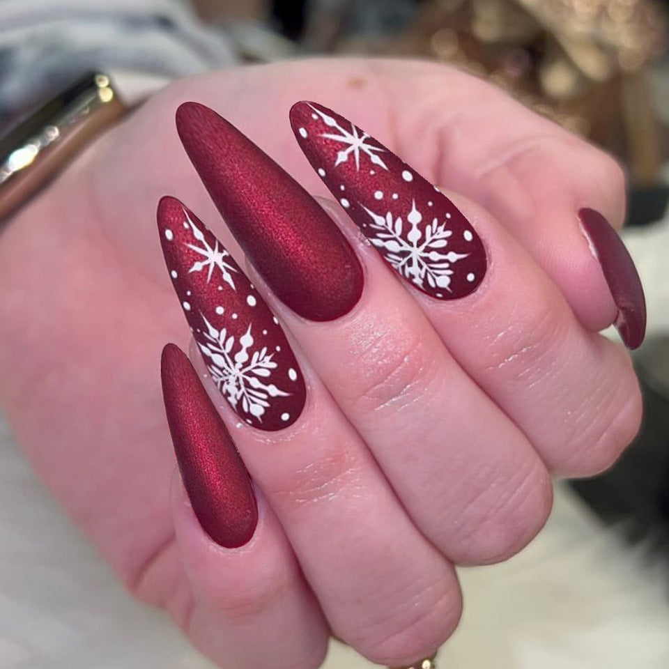 Winter Wonderland Red Matte Long Almond Press On Nail Set with Elegant Snowflake Design