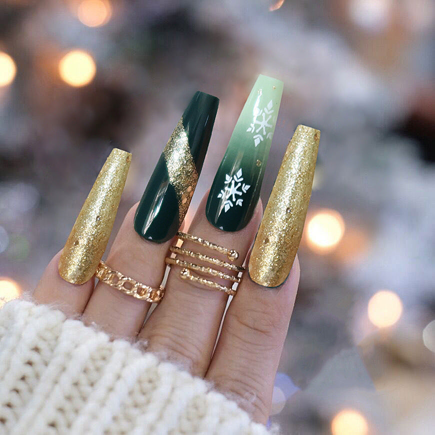Winter Wonderland Extra Long Coffin Glittery Gold and Green Press On Nail Set with Snowflake Accents