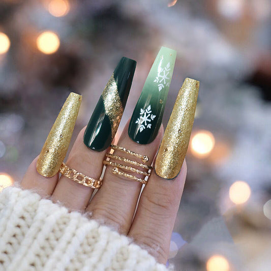 Winter Wonderland Extra Long Coffin Glittery Gold and Green Press On Nail Set with Snowflake Accents