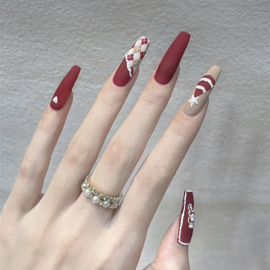 Enchanted Autumn Long Coffin Burgundy Press On Nails with Plaid Accents and Star Charm