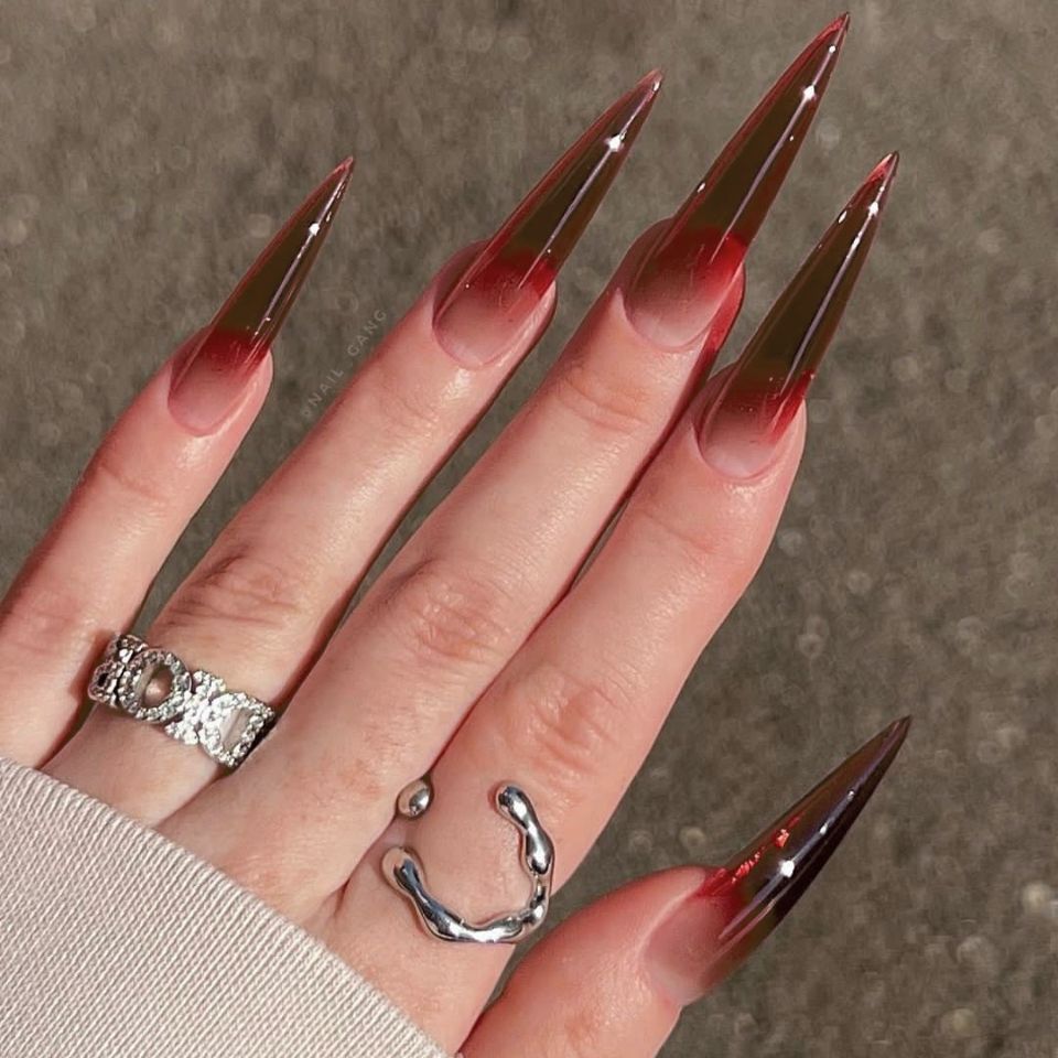 Glamorous Autumn Stiletto Long Ombre Dark Red Nail Set with Glossy Finish
