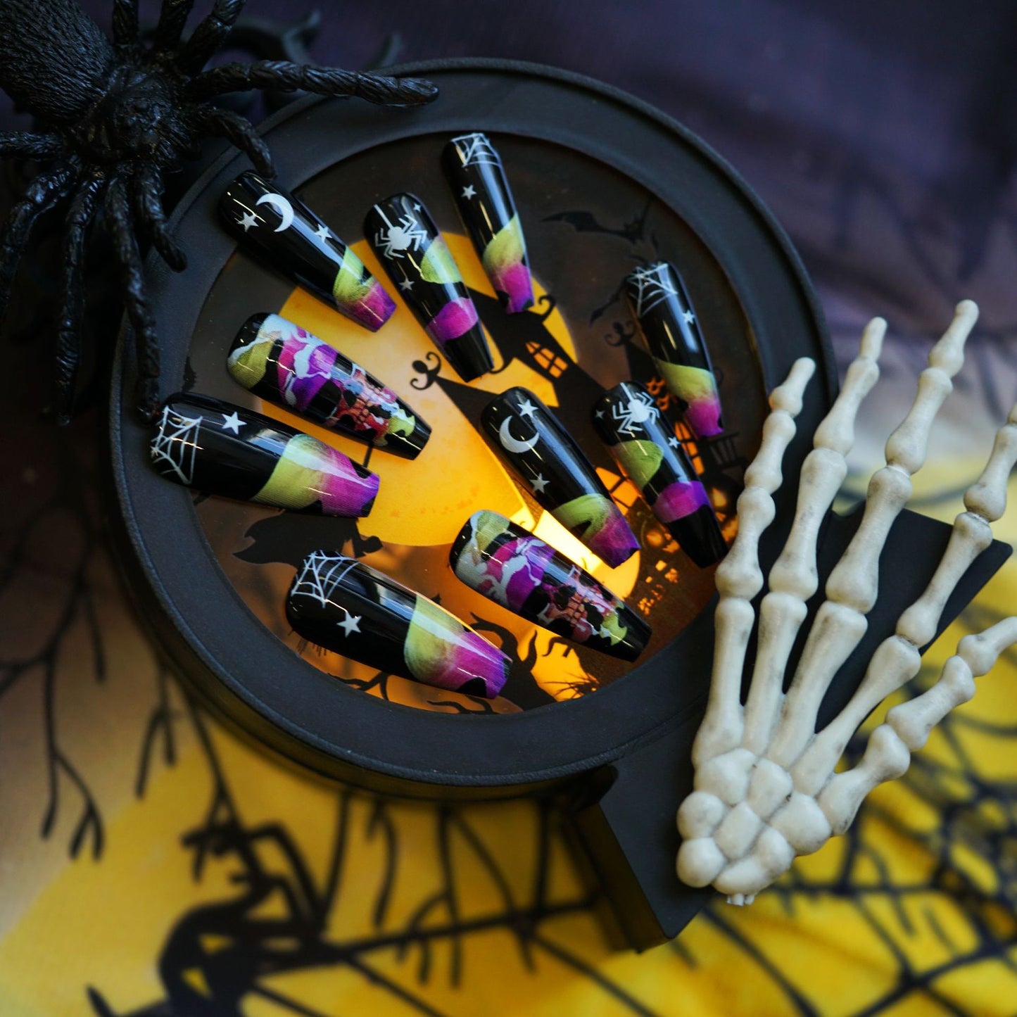 Spooky Halloween Long Square Press On Nail Set Black Yellow and Purple with Spider and Moon Design