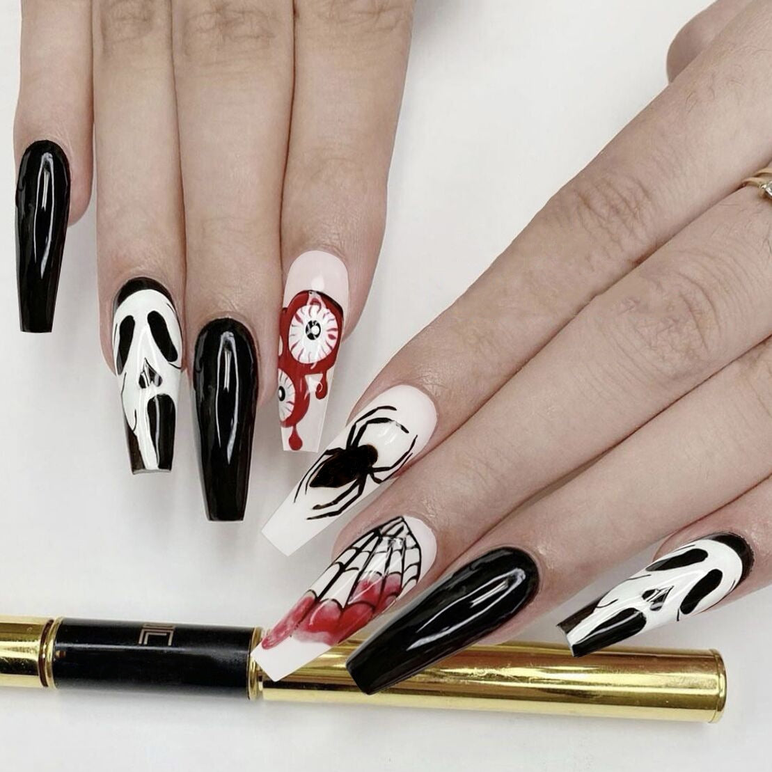 Spooky Elegance Long Coffin Black And White Press On Nail Set With Halloween Inspired Artwork Designs