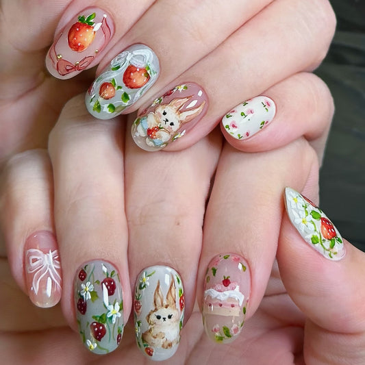 Springtime Delight Short Oval Pastel Shades with Adorable Bunny and Strawberry Designs