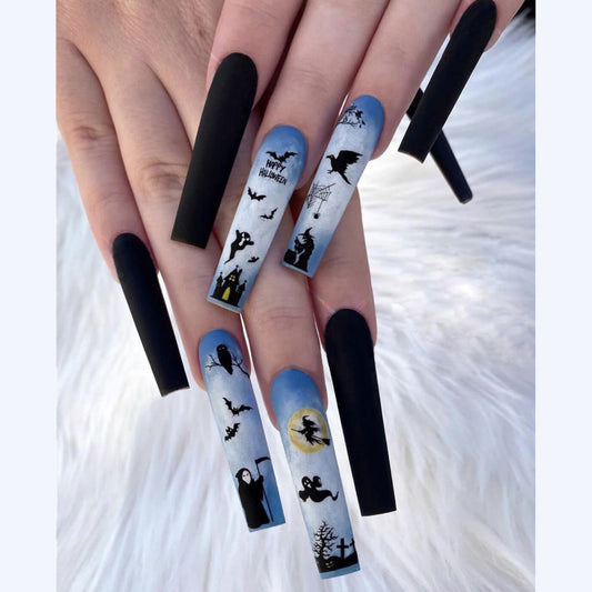 Spooky Elegance Extra Long Square Black and Blue Halloween Scene Press On Nail Set with Witch and Bat Designs