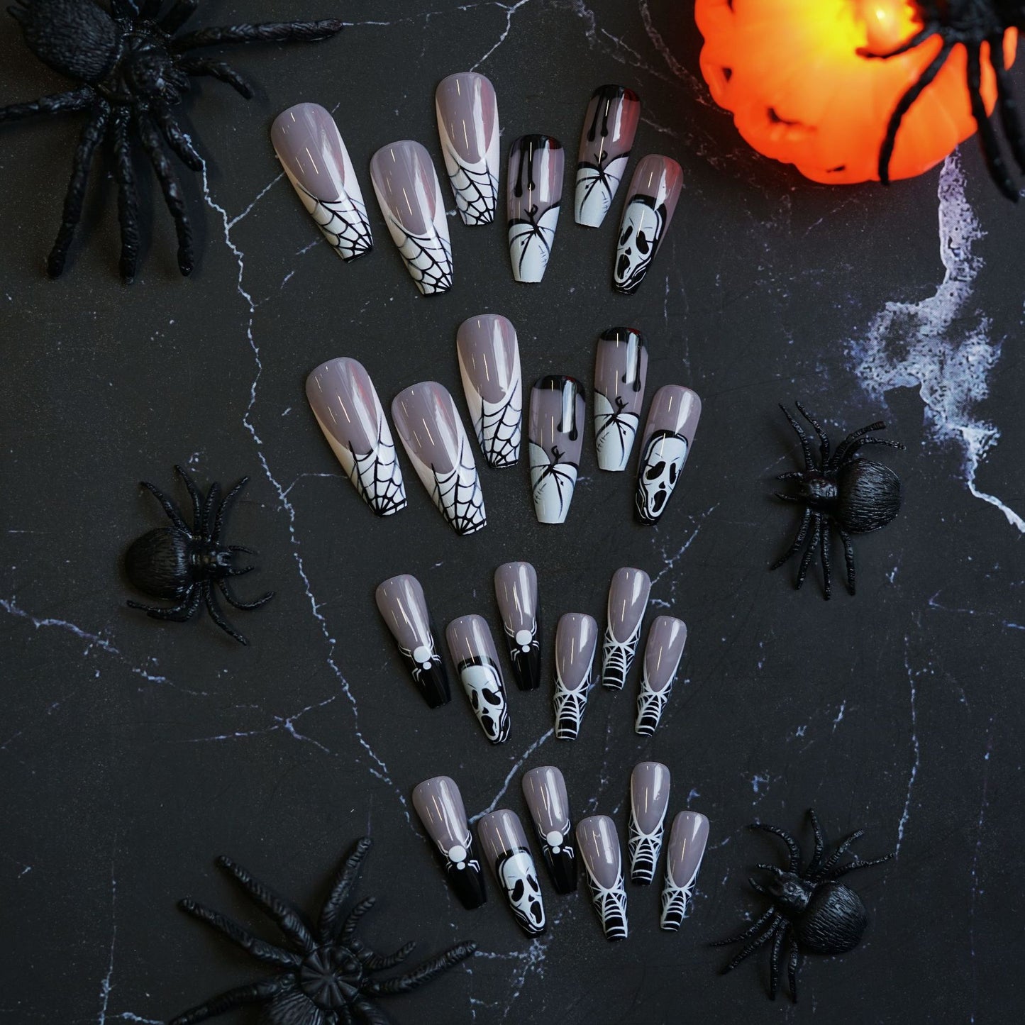 Spooky Elegance Long Coffin Press On Nail Set in Gray and Black with Spider and Skull Designs