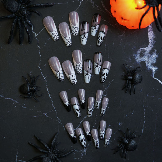 Spooky Elegance Long Coffin Press On Nail Set in Gray and Black with Spider and Skull Designs