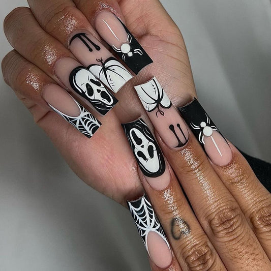 Spooky Celebration Long Square Black And White Press On Nail Set Featuring Creative Halloween Designs