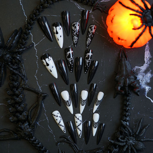 Haunted Elegance Long Stiletto Press On Nail Set Black and White with Gothic Patterns and Dripping Details