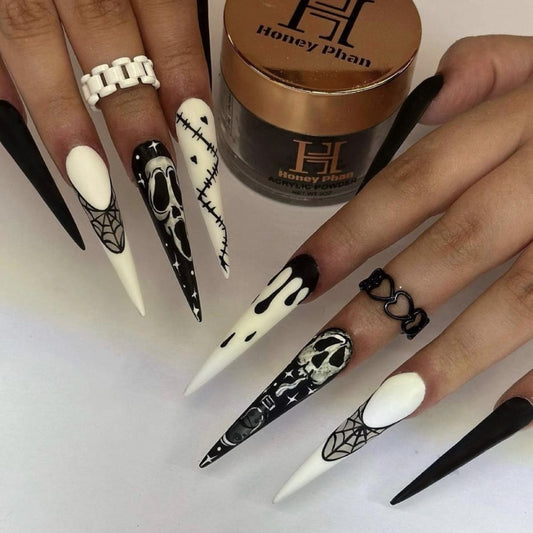 Gothic Elegance Long Stiletto Press On Nails in Black and White with Unique Skull and Spider Web Designs