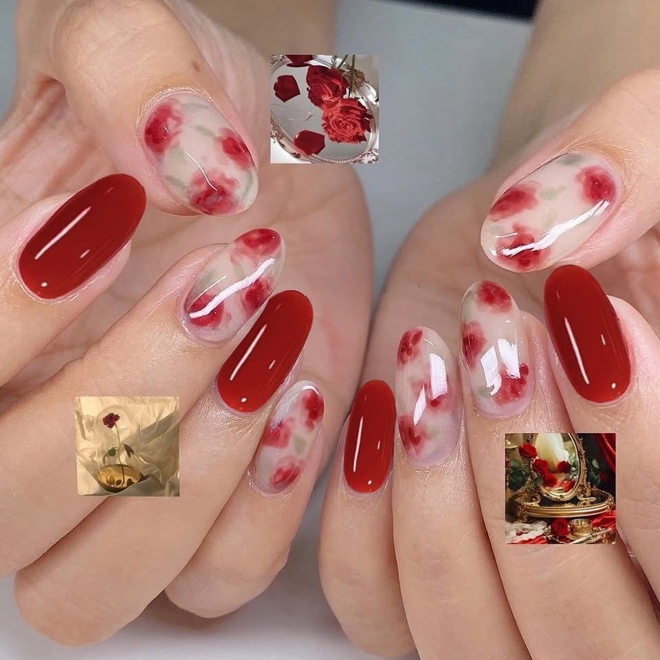 Romantic Rose Inspired Medium Oval Transparent and Red Floral Press On Nail Set with Glossy Finish