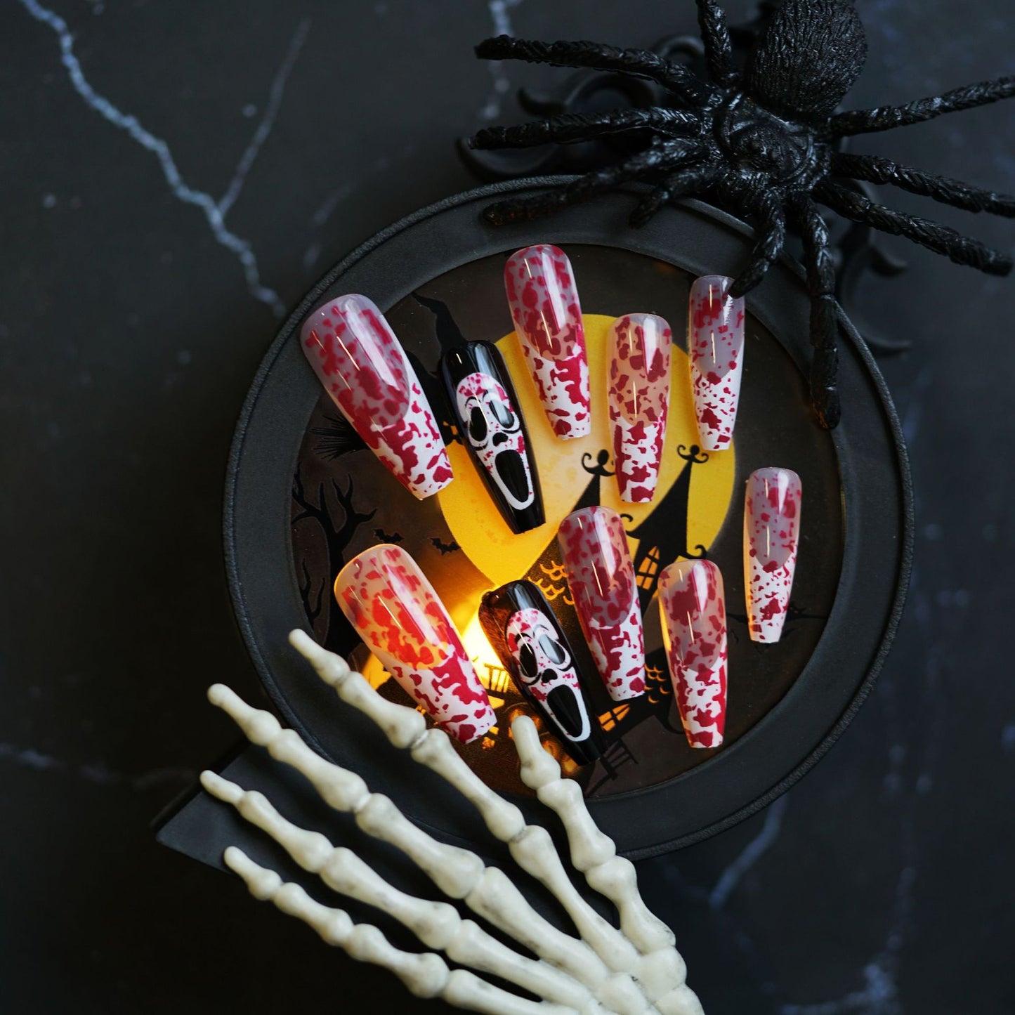 Spooky Halloween Long Coffin Red And Black Press On Nail Set With Creepy Skull Design