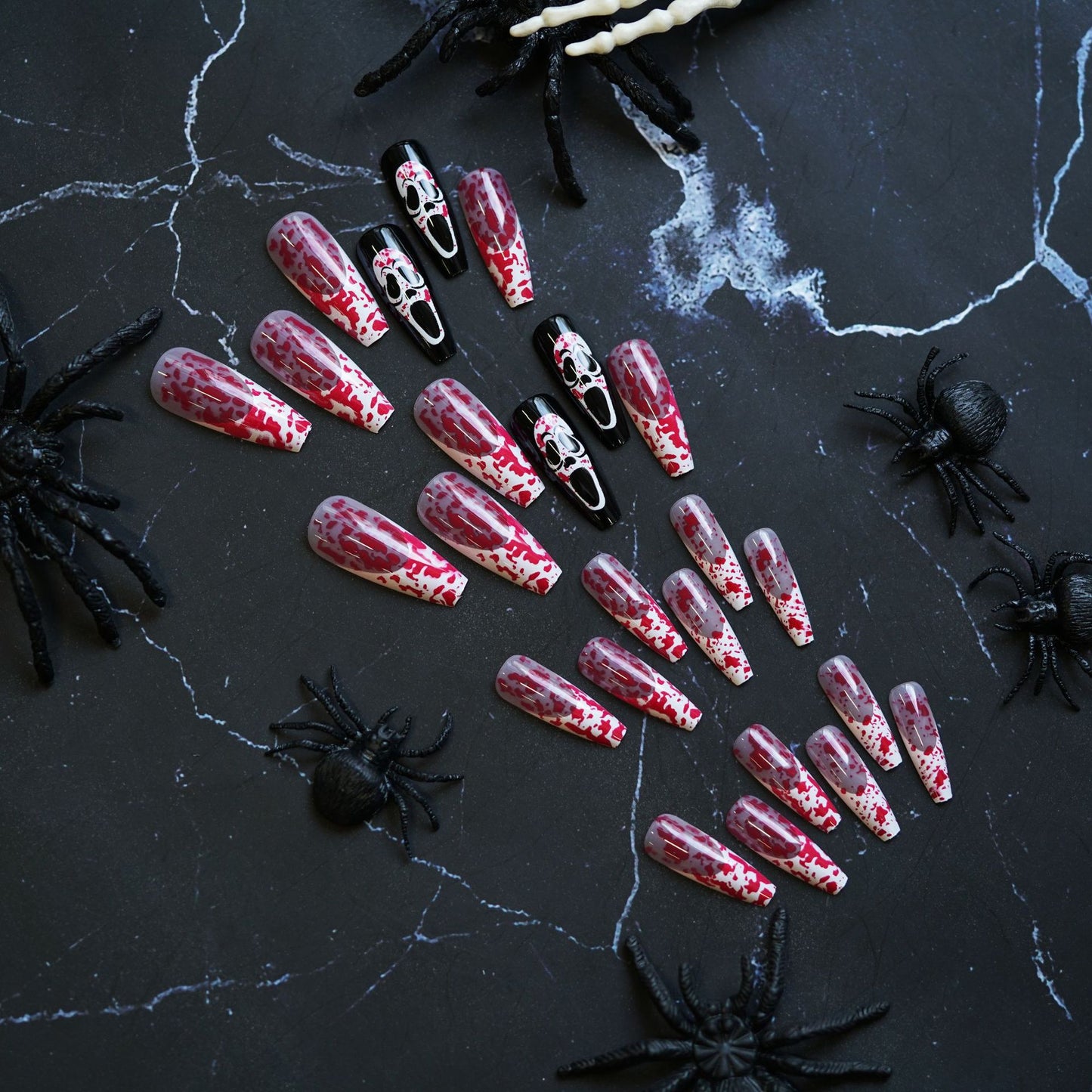 Spooky Skull Design Long Coffin Red Black Press On Nail Set With Glossy Finish And Unique Art Details