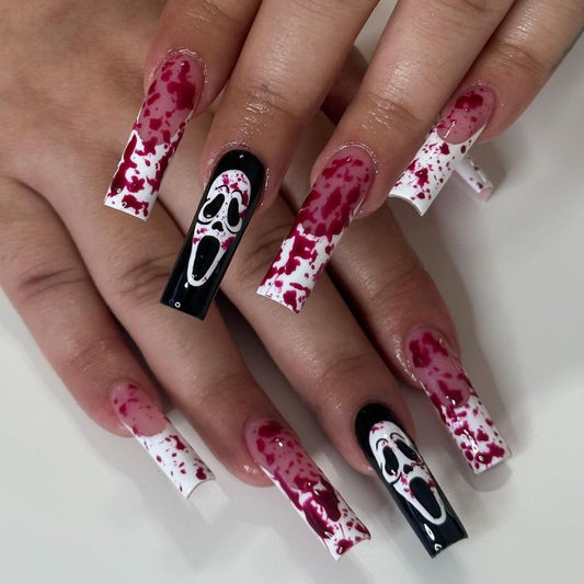 Spooky Halloween Long Square Red And White Drip Press On Nail Set With Ghost Face Design