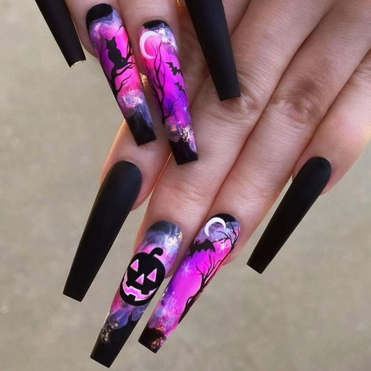 Halloween Magic Long Coffin Press On Nails in Black and Pink with Spooky Cat and Pumpkin Design