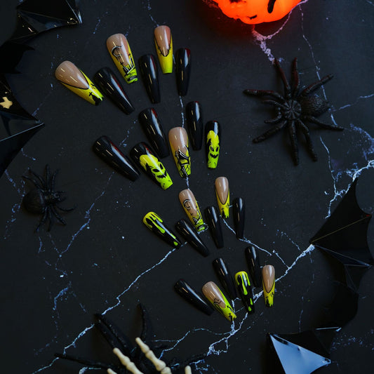 Spooky Glow In The Dark Coffin Press On Nail Set Long Sharp Black And Neon Yellow With Halloween Themed Designs