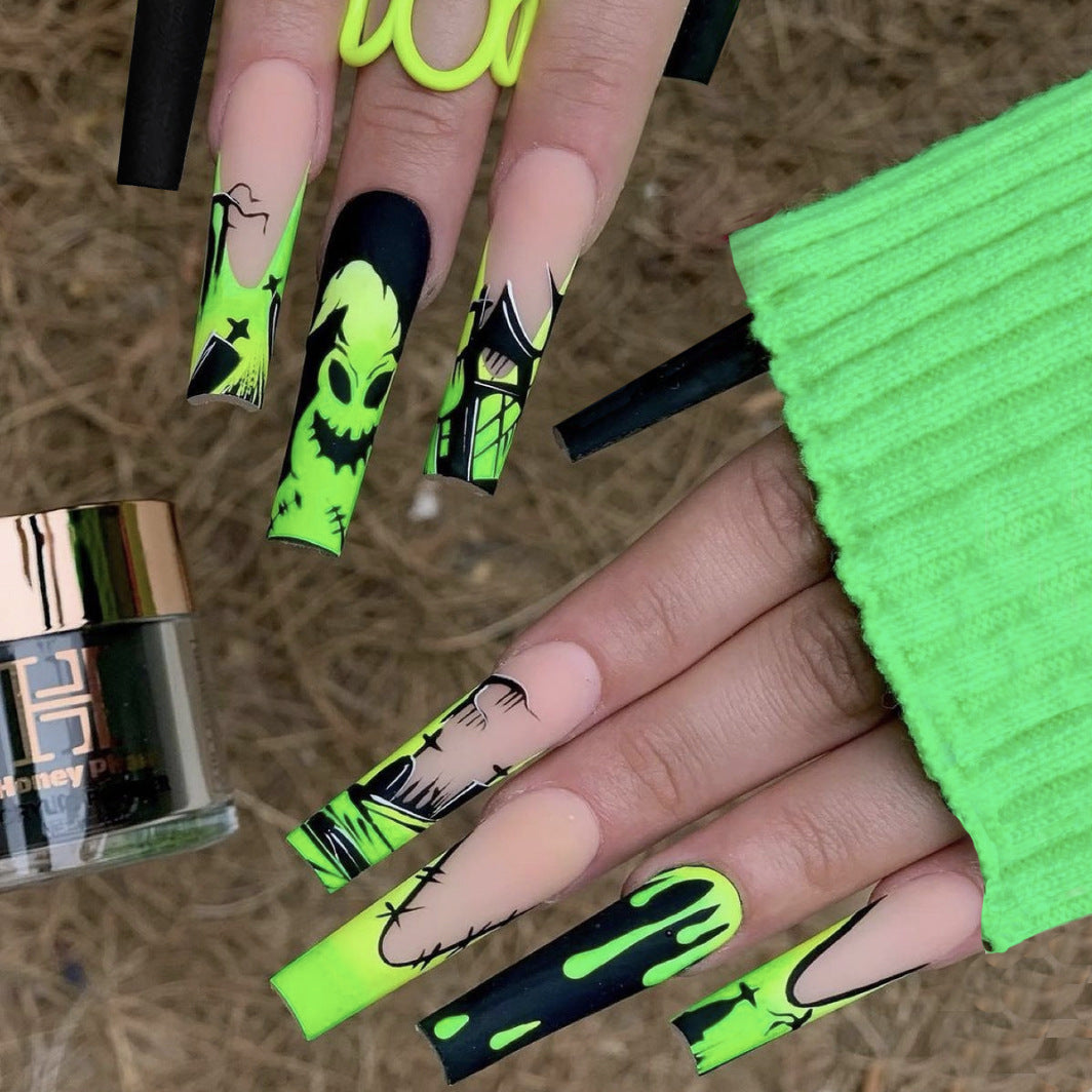 Spooky Glow Long Coffin Press On Nails Neon Green With Haunted Design
