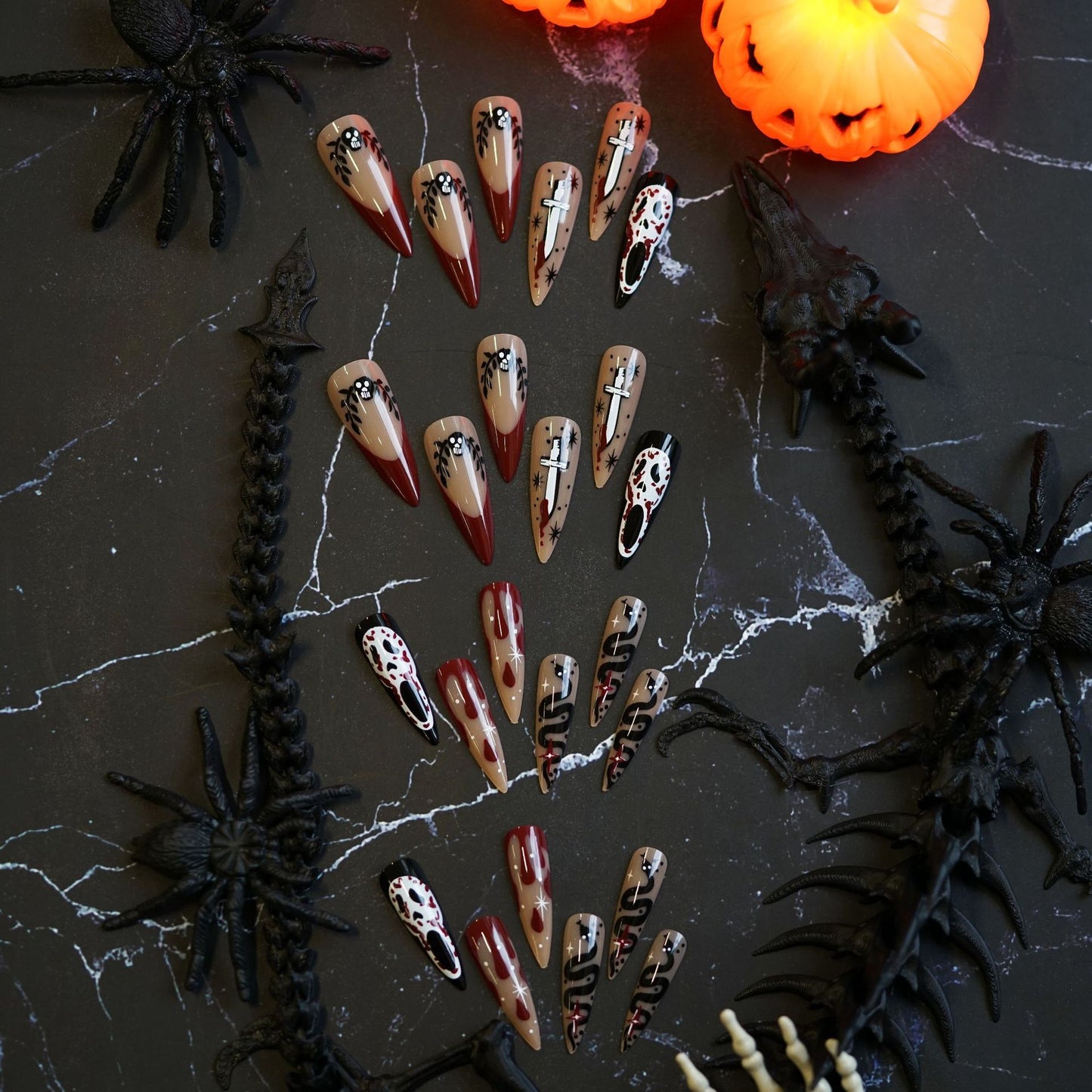 Spooky Chic Long Stiletto Press On Nail Set in Beige Red and Black with Skull and Spider Design