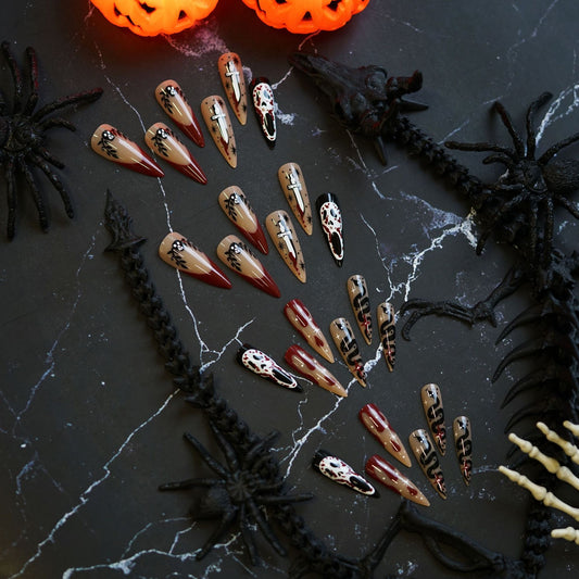 Spooky Halloween Long Stiletto Press On Nail Set Red and Beige with Gothic Spider and Skull Design
