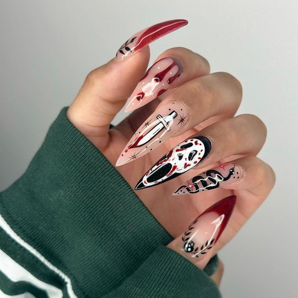Spooky Halloween Long Stiletto Red Black And Clear Press On Nail Set With Unique Horror Design