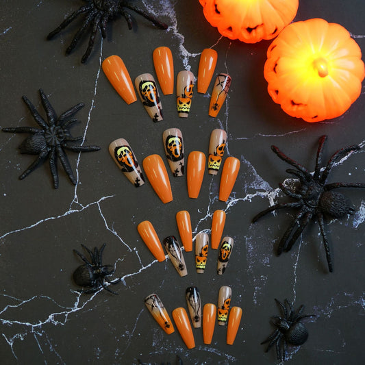 Spooktacular Halloween Long Coffin Orange Nail Set With Edgy Skull And Pumpkin Designs