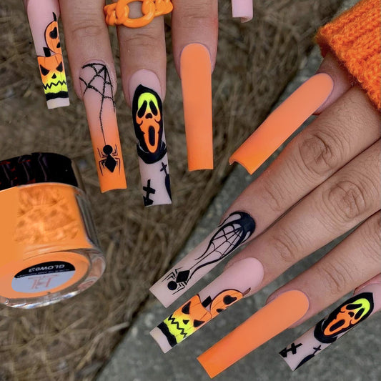 Spooky Halloween Long Square Orange Press On Nail Set With Glow In The Dark Spider And Pumpkin Designs