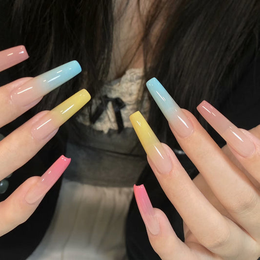 Charming Pastel Ombre Long Coffin Press On Nail Set with Gradient Colors and Glossy Finish