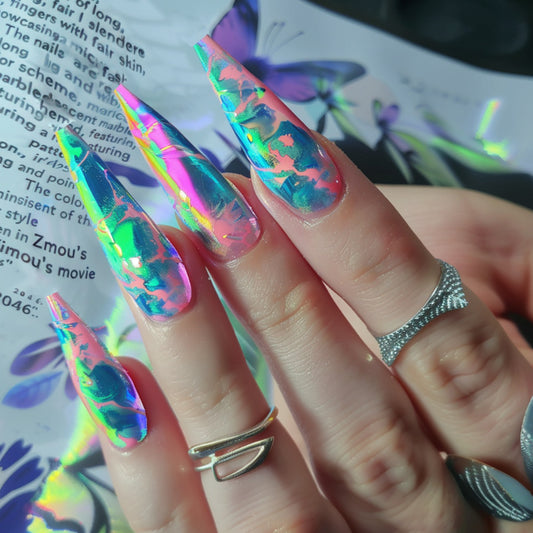 Mystical Dream Long Stiletto Press On Nail Set in Iridescent Holographic Design with Colorful Swirl Patterns