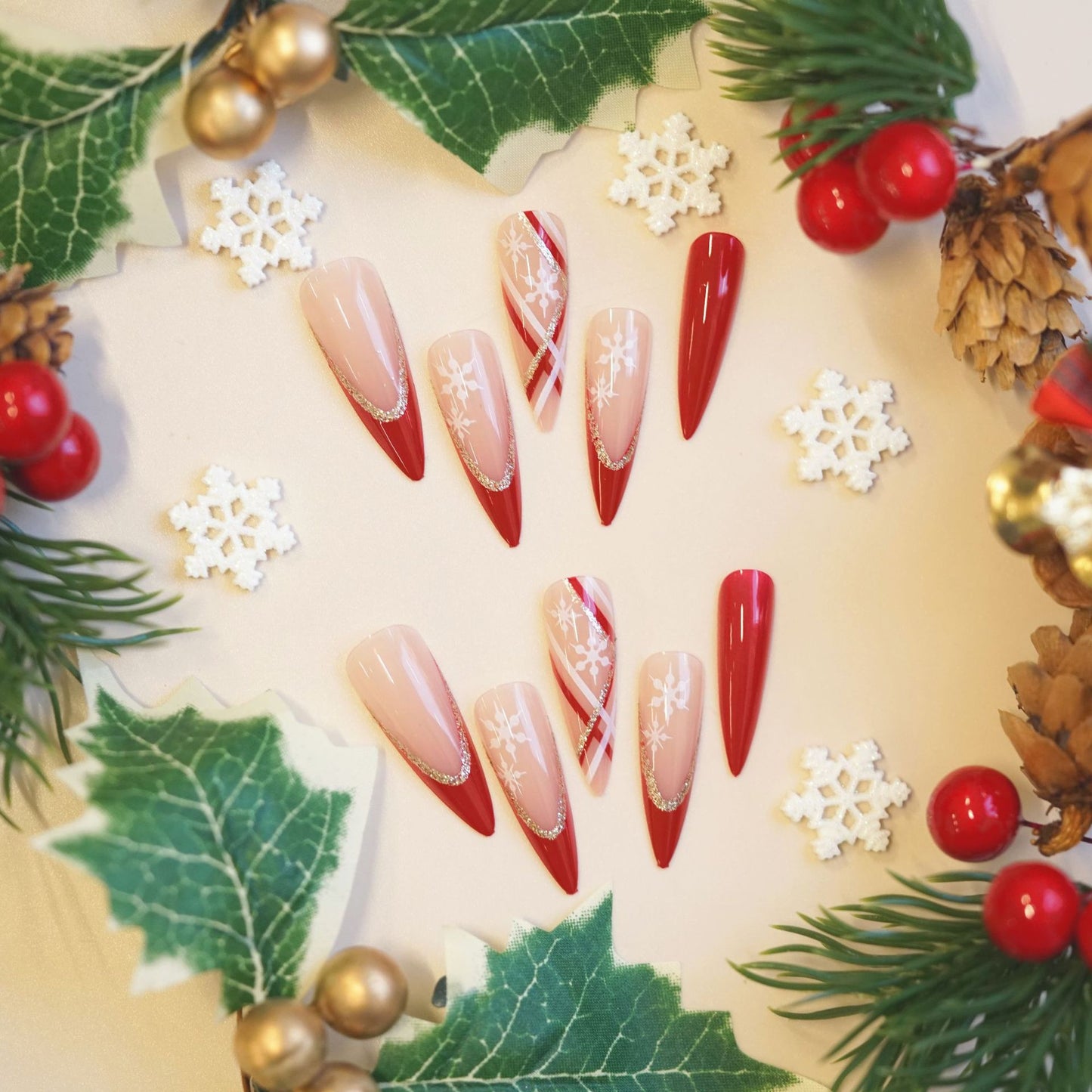 Winter Wonderland Long Stiletto Shaped Red and Beige Press On Nails with Sparkling Snowflake Design