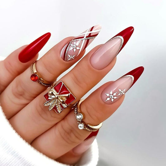 Festive Glamour Long Almond Red and Beige Ombre Press On Nail Set with Sparkling Snowflake Design