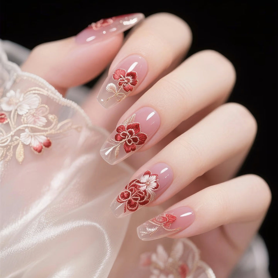Floral Elegance Long Coffin Pink with Embroidered Details Press On Nail Set
