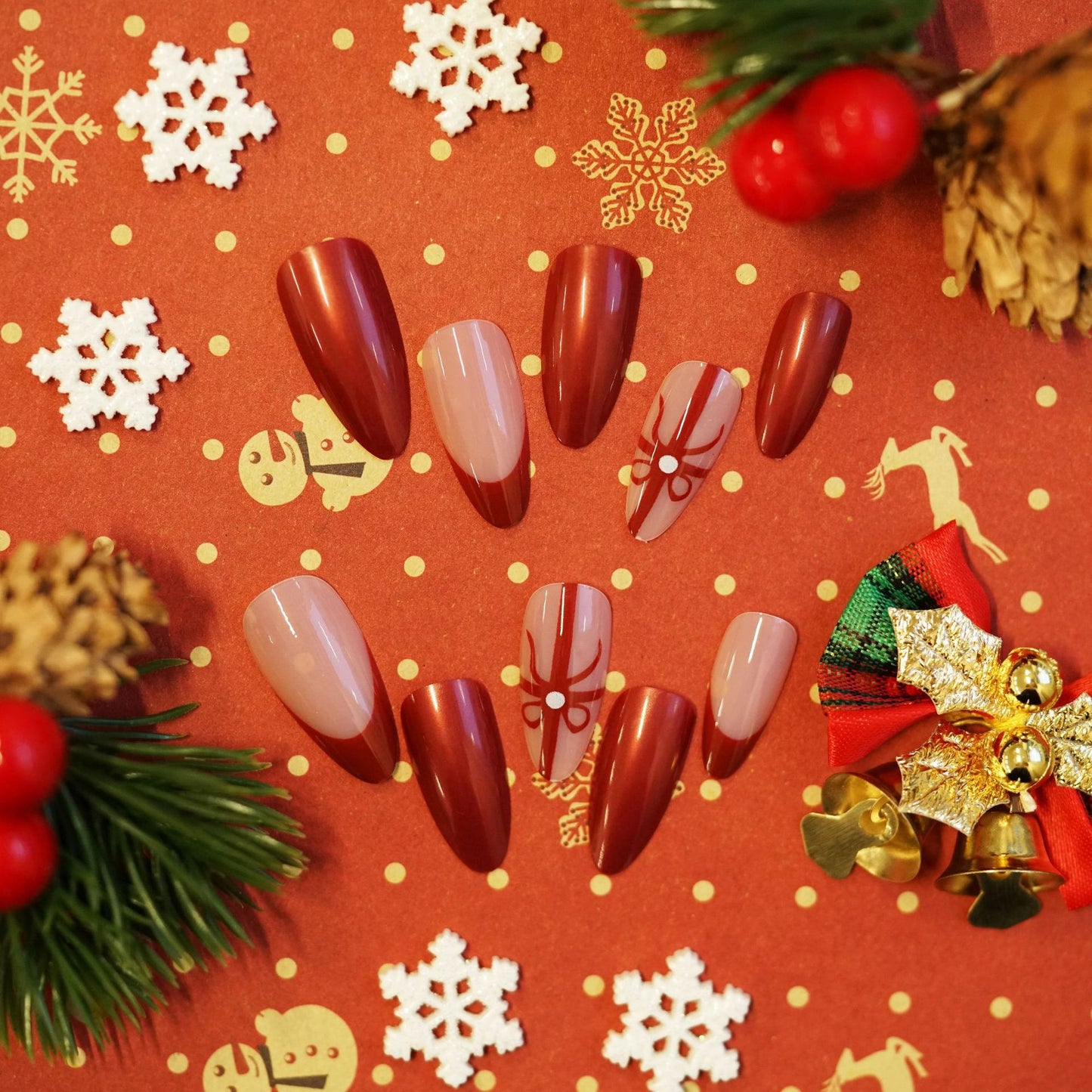 Festive Holiday Glam Long Almond Red and Beige Press On Nail Set with Cute Bow Decorative Accent