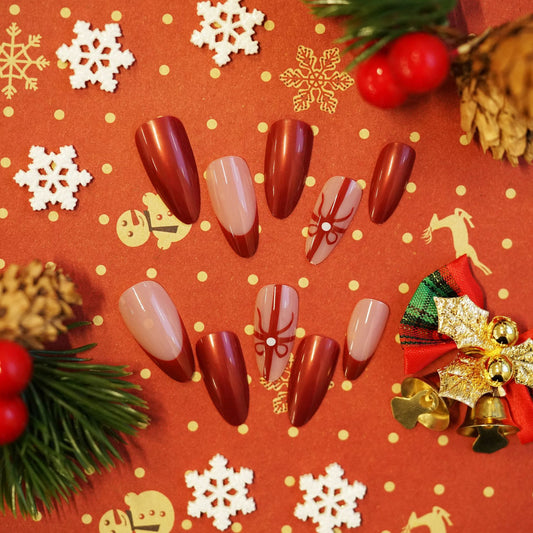 Festive Holiday Glam Long Almond Red and Beige Press On Nail Set with Cute Bow Decorative Accent