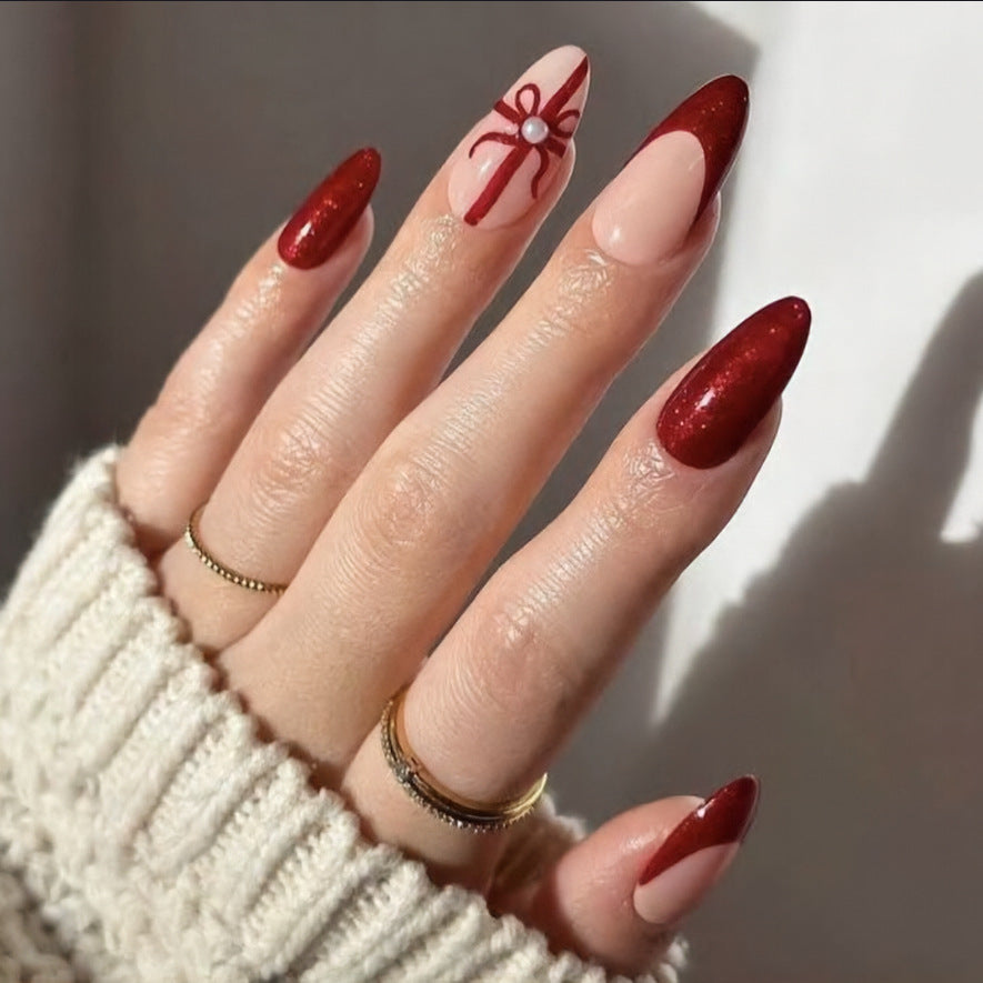 Festive Elegance Long Almond Red and Beige Press On Nail Set with Bow and Pearl Design
