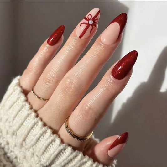 Festive Elegance Long Almond Red and Beige Press On Nail Set with Bow and Pearl Design