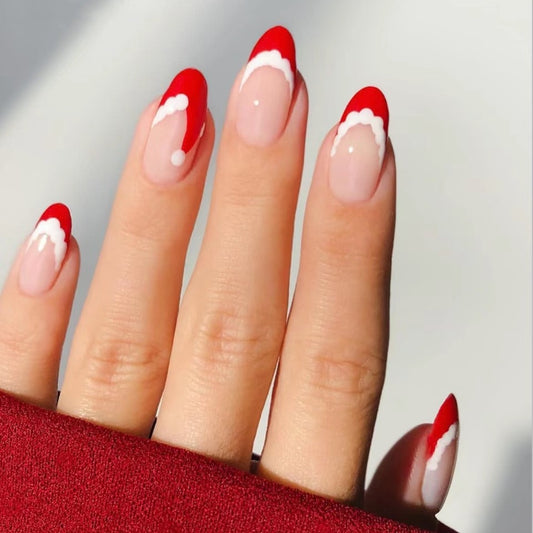 Festive Holiday Spirit Long Almond Red and Beige Press On Nail Set with Whimsical Cloud Design