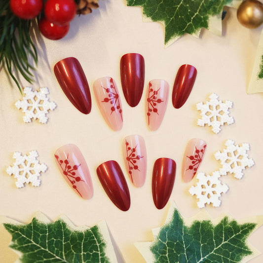 Festive Winter Wonderland Long Stiletto Red and Beige Press On Nail Set with Botanical Accent Design