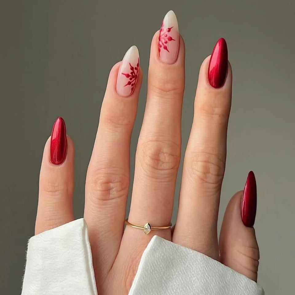 Elegant Garden Inspired Long Stiletto Red and Beige Press On Nail Set with Floral Design