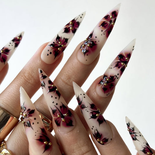 Enchanting Floral Stiletto Long Pink and Black Nail Press Set with Glitter Accents