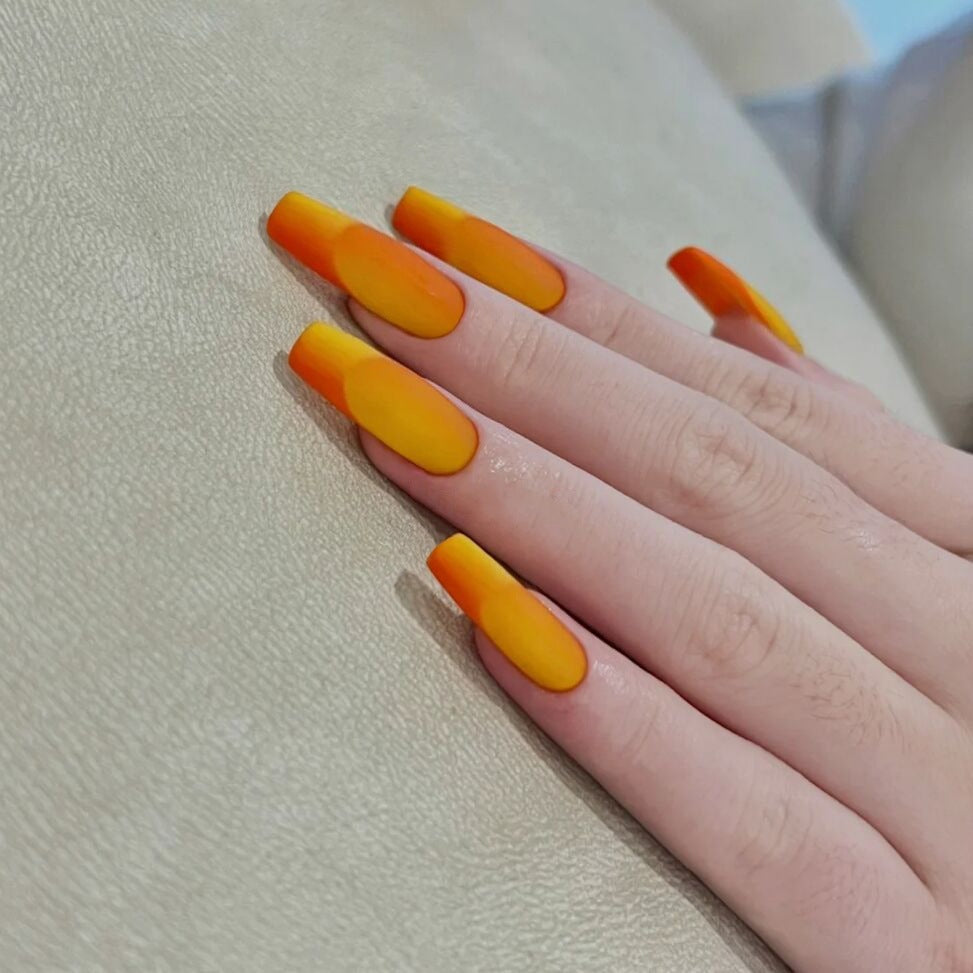 Tropical Sunset Long Coffin Gradient Orange Press On Nail Set with Ombre Effect