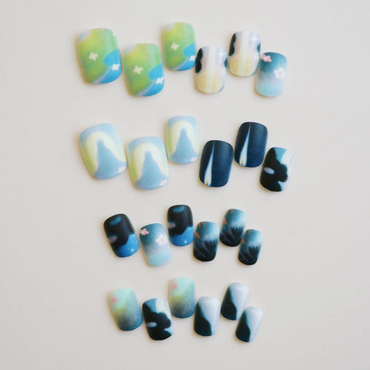 Dreamy Ocean Vibes Medium Square Matte Multicolor Press On Nail Set with Artistic Watercolor Design