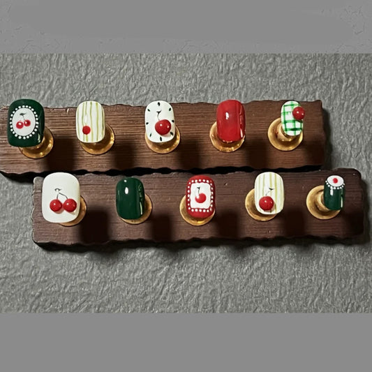 Festive Cherry Delight Medium Square Green Red White Press On Nail Set with Cute Cherry Designs