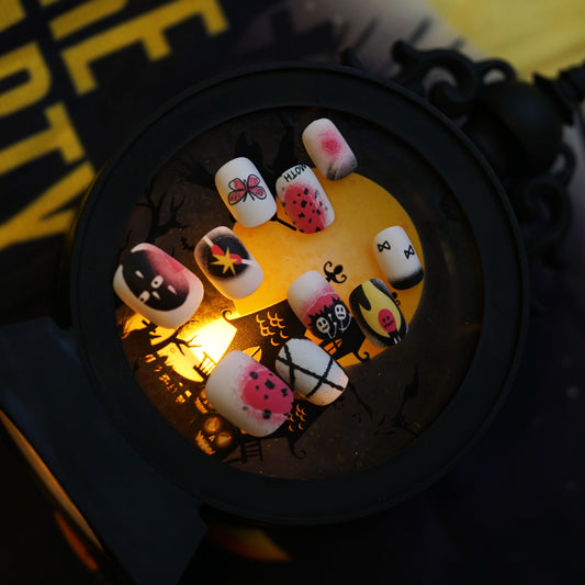 Spooky Halloween Themed Medium Square Pink and Black Press On Nail Set with Unique Hand Painted Designs