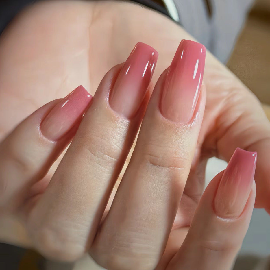 Elegant Ombre Long Coffin Pink Press On Nail Set with Glossy Finish and Unique Fade Design