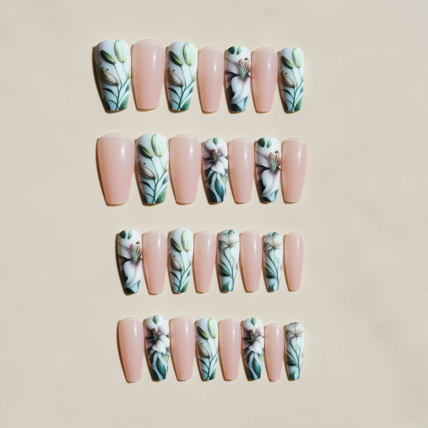 Botanical Bliss Medium Coffin Blush Pink Floral Design Press On Nail Set