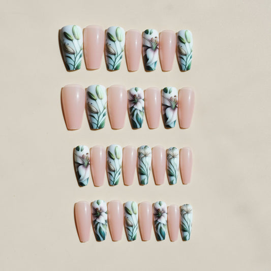 Botanical Bliss Medium Coffin Blush Pink Floral Design Press On Nail Set