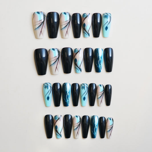 Mystical Ocean Harmony Medium Coffin Blue and Black Press-On Nail Set with Artistic Wave Design