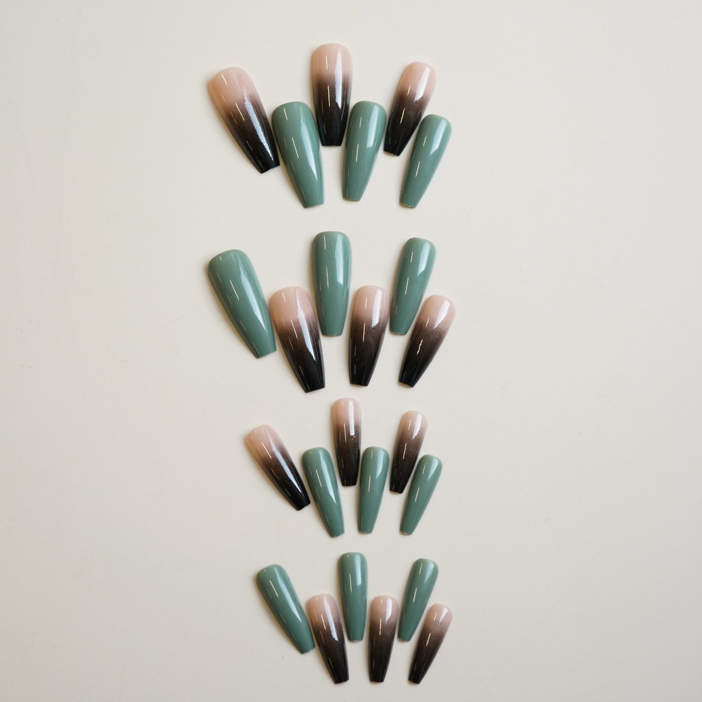 Ethereal Ombre Elegance Long Coffin Green and Beige Gradient Press-On Nail Set